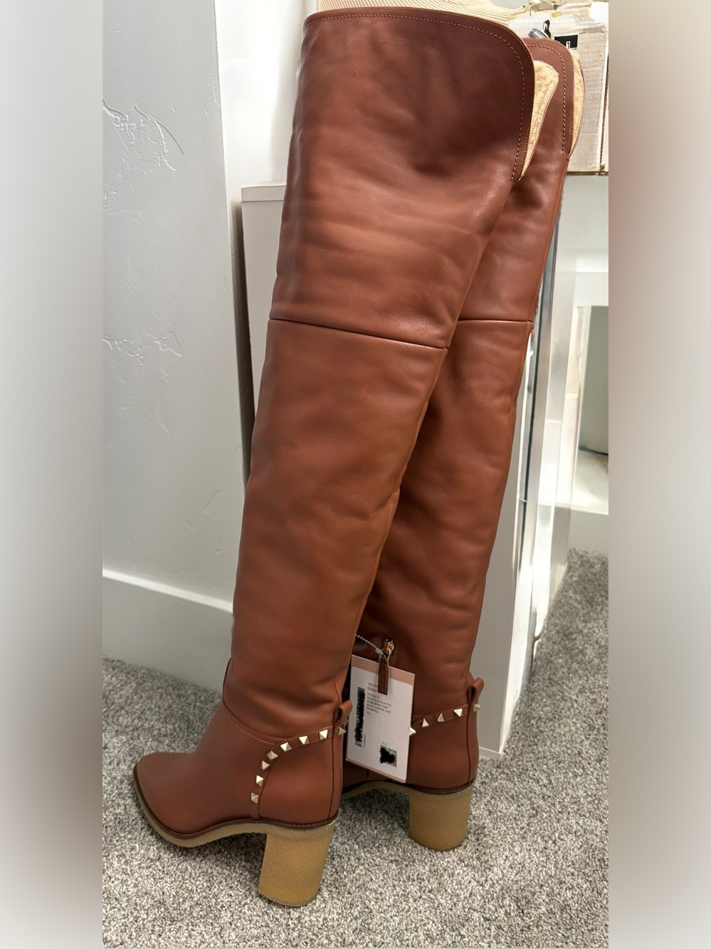 Valentino Garavani Cognac Studded Over-the-Knee Leather & Shearling Boots